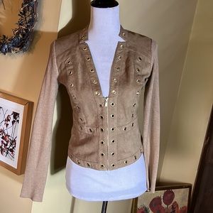 Vtg CACHE Size Small Tan Knit Ribbed Cardi-Sweater Gold Grommet & Zipper Suede